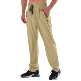 Men's Elastic Waist Hiking Pants Water Resistant Quick-Dry Lightweight Outdoor Sweatpants with Zipper Pockets Khaki