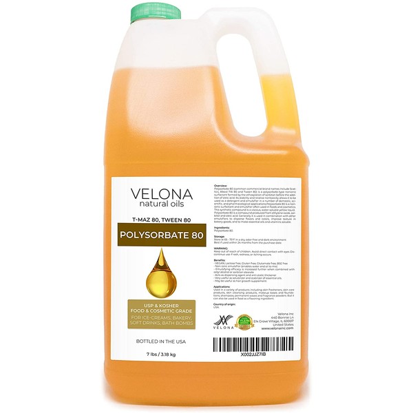 Polysorbate 80 by Velona - 7 lb | Solubilizer, Food & Cosmetic Grade | All Natural for Cooking, Skin Care and Bath Bombs, Sprays, Foam Maker | Use Today - Enjoy Results