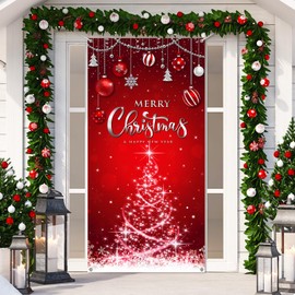 Irenare Christmas Decorations Merry Christmas Door Cover Christmas Background Banner Xmas Door Hanging Covers Photo Props for Christmas Party Decorations Supplies, 70.9 x 35.4 Inch(Red)