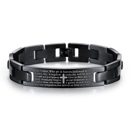 Xusamss Mens Stainless Steel Link Bracelet Cross Lords Prayer Wristband for Men, Fashion Curb Chain Bracelet, Bible Verse Link Bracelet(Black)
