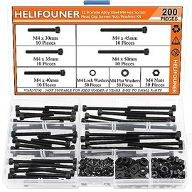 200 Pieces M4 x 30mm /35mm /40mm /45mm /50mm, Hex Socket Head Cap Metric Screws Bolts Washers Nuts Kit, 12.9 Grade Alloy Steel, Fully Threaded, Black