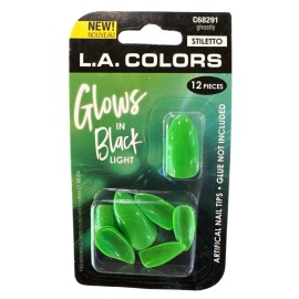 L.A. Colors GLOWS IN BLACK LIGHT 12 Nails GHOSTLY Long Stiletto Glossy Green