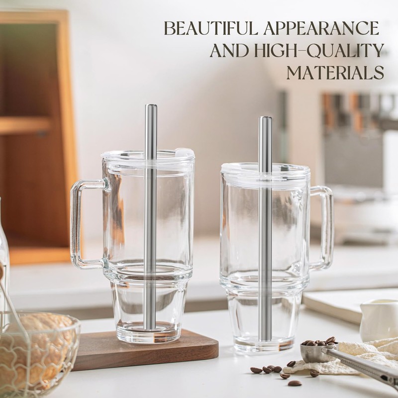 KEMORELA 24oz Clear Glass Tumbler with Handle, Lid & 13mm