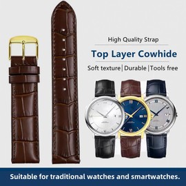 FOUUA Watch Straps Band Genuine Leather Strap Alligator Embossed Replacement Straps Bracelet 12 13 14 15 16 17 18 19 20 21 22 24 mm, Brown-Gold, Strap.
