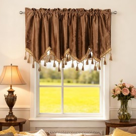 HiSnug Velvet Valance Curtains for Window Treatment, Rod Pocket Room Darkening Scalloped Kitchen Curtains with Tassels for Cafe Living Room Dining Room, Brown, 1 Panel, 52" W x 18" L