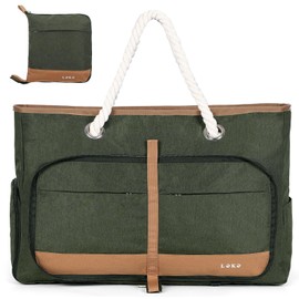 Lekesping Waterproof Beach Bag for Women - Tote Bags with Zip and Pocket, 35l Fldable Travel Tote Bag with Shoe Compartment, Enhanced with Bottom Elastic Strap (Green)