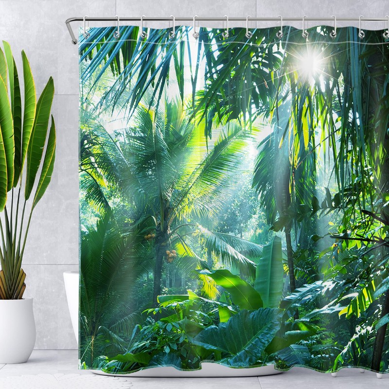 LB Shower Curtain Jungle, Green Bath Curtain with 12 Hooks,