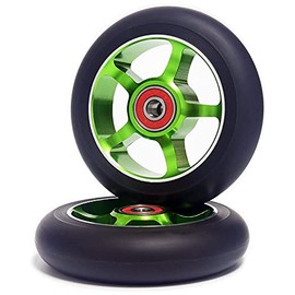 jingfei 2Pcs 100mm Scooter Replacement Wheels with Bearings Aluminum Wear- PU Scooter Parts,Green