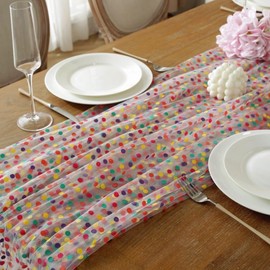 FLCSIed 10ft Sheer Table Runner, 30*120 Inches Sheer Chiffon Fabric Runner, Sequin Glitter Wedding Table Runner for Birthday, Party, Bridal Shower Decoration (Colourful)