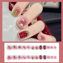 Pack of 24 Square Nails for Sticking, Short, French Press On Nails, Strawberry Clouds, Artificial Nails, Fingernails for Gluing, Natural Acrylic, Full Cover Artificial Nails for Women and Girls, Nail