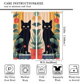 Mid Century Abstract Boho Curtain, Cat Sun Eucalyptus Leaves Black Cat Blackout Window Treatment Modern Minimalist Geometric Curtain for Livingroom Bedroom Kitchen 21" W x 45" L x2【Blackout】
