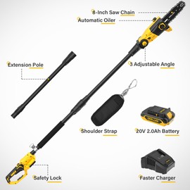 ZEGJAW Pole Saw, 8-Inch Pole Saw for Tree Trimming Cordless 15-FT Max Reach, Auto Oiling, Tool-Less Electric Pole Saw, Tree Trimmer with Battery & Fast Charger