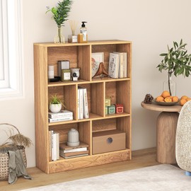 Giantex 7 Cube Bookcase, 4-Tier Freestanding Bookshelf w/ 7 Open Compartments, 2 Anti-Tipping Kits, Modern Display Cabinet, 41" Wood Cubby Storage Organizer for Living Room, Bedroom, Natural