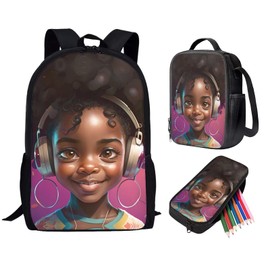 Zanxiantu Black African Girls Backpack and Lunch Box Set 2Nd/3Rd/4Th/5Th Grade Kids Bookbag Lunch Bag Pencil Case Pouch Magic American AfroGirls School Bag Age 8-10/10-12/14-16