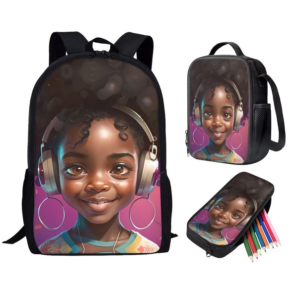 Zanxiantu Black African Girls Backpack and Lunch Box Set 2Nd/3Rd/4Th/5Th