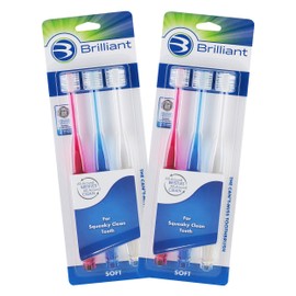Brilliant Soft Toothbrush for Adults - With Over 14,000 360 Degree Micro-Fine, Rounded-Tip Bristles for Easy & Effective Cleaning, Red-Clear-Blue, 6 Count