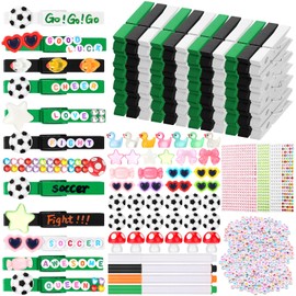 Pinkunn 60 Sets Soccer Colorful Wooden Cheer Pins Spirit Clips Clothes Pins with 88 Mini Resin 206 Alphabet Beads Rhinestone Stickers 4 Pens 9 ml Glue for Backpacks Classroom Decor Football Gifts