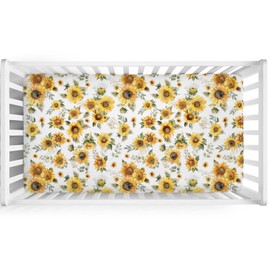 Watercolor Yellow Sunflowers Baby Crib Sheet 52''x28'' Boho Sunflowers Leaves Stretchy Fitted Crib Mattress Covers for Boy Girl Summer Wild Floral Soft Baby Sheets for Standard Crib Toddler Mattress