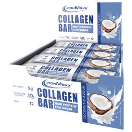 IronMaxx Collagen Bar - Coconut 12x40g | zarte Proteinmasse mit crunchy Crispies | Mit Kollagen aus Gras-gefütterten Rindern | Mit 5g Kollagen pro Riegel
