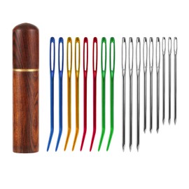 17pcs Large Eye Sewing Needles Kit, Stainless Steel Large-Eye Blunt Needles & Bent Tapestry Needles, Sharp Tapestry Needles Hand Knitting Needles with Wooden Needle Case for Crochet Projects