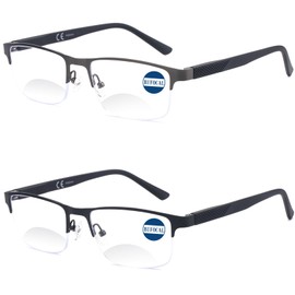 Missfive 2 Pack Mens 3.0x Bifocal Reading Glasses, Wider Bottom Reading Area, Blue Light Blocking Far Near Dual-use Readers, Durable Spring Hinge Quality Metal Frame Eyeglasses, Black & Gunmetal