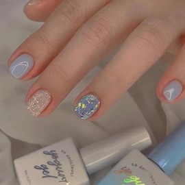 Nail Tip, Short, 24 Pieces, False Nails, Blue, Gold, Gold Foil, Popular, Japanese Style, Cute, Nail Tip, Simple, Fashionable Party, Autumn, Spring, Summer, Daily Life, Bridal Nail Tip, Coming of Age
