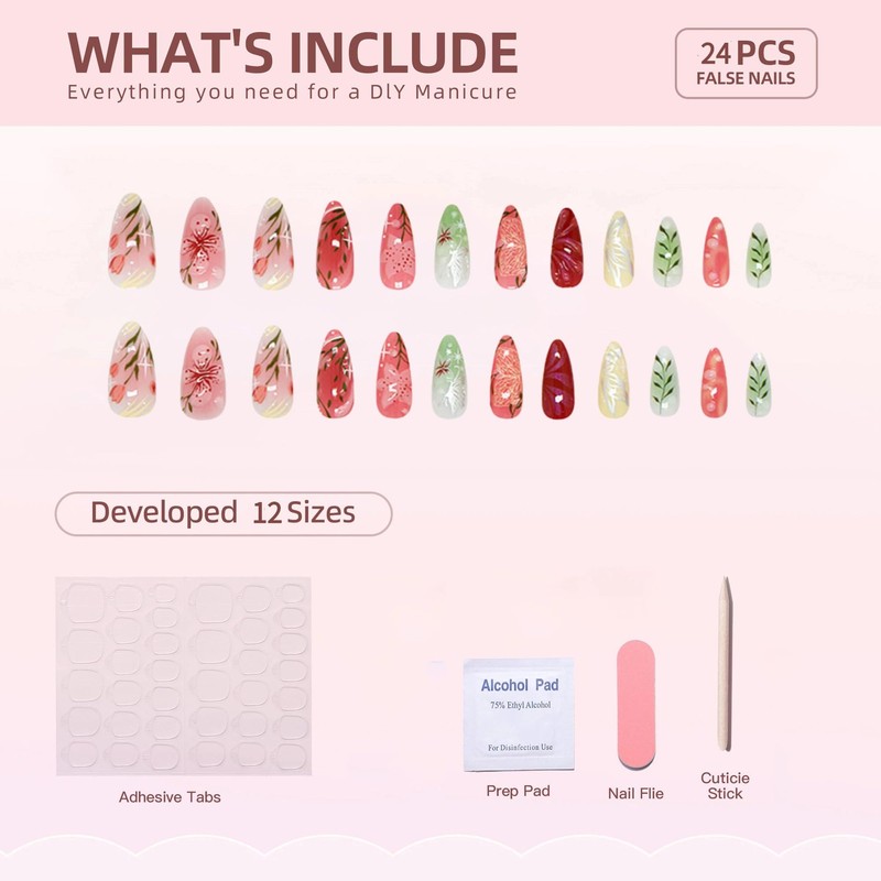 24Pcs Flower Press on Nails Medium Almond Fake Nails Handmade