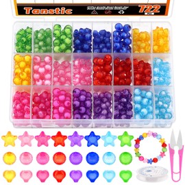 Tanstic 722pcs Acrylic Pastel Beads Kit, Candy Colour Round Beads Heart Beads Star Beads, Colourful Cute Loose Beads Acrylic Beads with Crystal String, Scissor for Bracelets Jewellery Making