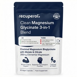 Magnesium Glycinate 3-in-1 by Recuperol - 2100mg as Bisglycinate, Citrate & Malate - No Oxide, No Buffers - 90 Easy-Swallow Capsules - 288mg Elemental Magnesium - UK Made