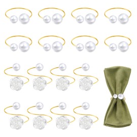 16Pcs Napkin Rings Set, 2 Styles Metal Napkin Ring, Elegant Napkin Rings Gold Napkin Rings Pearl Napkin Rings Flower Napkin Rings for Wedding Valentine's Day Party Decorations