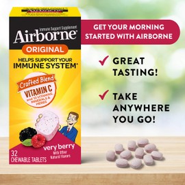 Airborne Vitamin C 1000mg (per serving) - Very Berry Chewable Tablets (32 count in a box), Gluten-Free Immune Support Supplement With Vitamins A C E, ZINC, Selenium, Echinacea, Ginger, Antioxidants