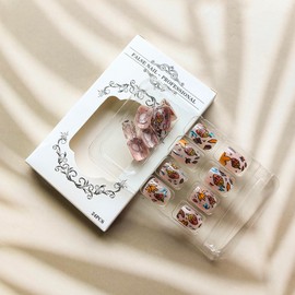 Fall Press on Nails Square Fake Nails Short Nails Press on Acrylic Nails Glossy Glue on Nails Brown False Nails with Maple Leaf Pine Cone Designs Blue Artificial Stick on Nails for Women 24Pcs