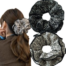2 Piece Women's Large Floral Scrunchies for Oversized Lace Hair, Big Satin Silk Lace Hair Ties Elastic Hair Bands Ponytail Holders for Thin Thick Curly (Black White Floral)