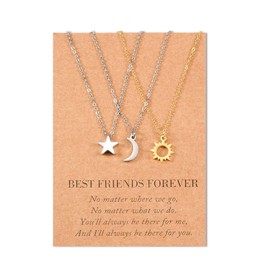 SUNSH Sun and Moon Best Friend Necklaces for 3 Women Teens Girls Friendship Bessties Necklace Set Sister Jewellery BFF Gifts for Her Silver Gold, Stainless Steel, No Gemstone