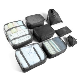 BillyBath 8-Piece Suitcase Organiser Set for Travel, Packing Cubes, Bags for Clothes, Cosmetics, Black