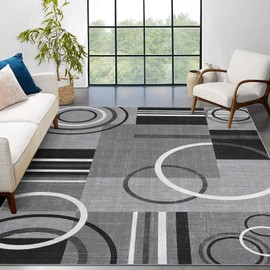 GarveeHome Washable Rug 3x5 Modern Abstract Circle Rugs Non Slip Long Rug Stain Resistant Low Pile Rugs Indoor Floor Carpet for Living Room Bedroom Dining Room, Grey