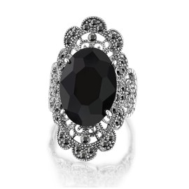 Mytys Retro Vintage Cocktail Statement Ring Black Marcasite & Crystal Rings for Women Antique Silver Big Black Onyx Stone Ring Style 1