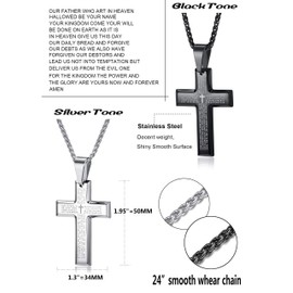 LOYALLOOK 2pcs Men's Stainless Steel Silver Black Tone Cross Pendant Lord's Prayer Necklace 24 Inch (1 Silver Tone+1 Black Tone Wheat Chain)