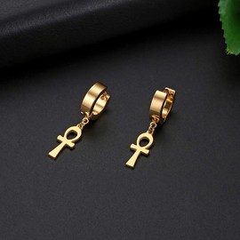 Flongo Women's Earrings Stainless Steel Creolon Rubber Fake Tunnel Screw Stud with Cross Crucifix Chain Pendant Earrings Gothic Punk for Women Men Black Silver Gold Set, Stainless Steel