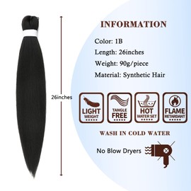 Pre Stretched Braiding Hair Long Braid,1B Black 26 Inch 3 Packs Braiding Hair Extensions Professional Synthetic Fiber (1B-3,90g/pack)