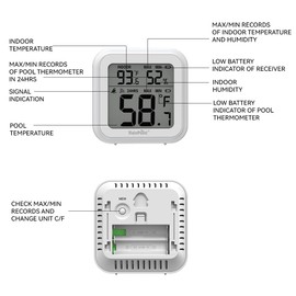 RAINPOINT Wireless Pool Thermometer - Accurate Swimming Pool and Pond Temperature Monitor with Indoor Display - Celsius/Fahrenheit Switch on Room Display - Pool Sensor Reads Celsius °C Only