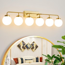 Deyidn Bathroom Light Fixtures Gold Vanity Lights Over Mirror, Modern Wall Sconce Lighting 6-Light with White Glass Globe Shade