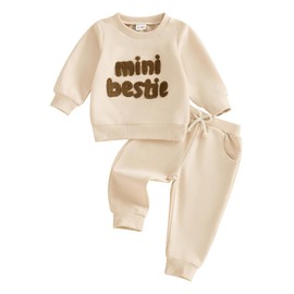XIXIMAON Toddler Baby Boy Girl Fall Winter Clothes 2pcs Mini Bestie Letter Print Embroidery Tracksuit Set Long Sleeve Sweatshirt Pants Set (Beige, 2-3 Years)