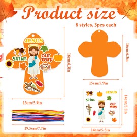HOWAF 24 Sets Fall Cross Crafts, Religious Autumn Stickers Make Your Own Cross Ornament, Christian Fall Jesus Ornaments with Ribbons for Thanksgiving Sunday Classroom Activity Party Supplies