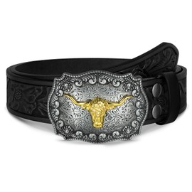 WOWOGO Western Cowboy Cowgirl Belt for Men Women Western Country Belt Buckle Floral Engraved Leather Belt