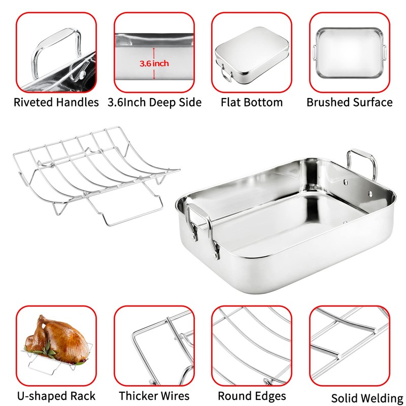 JY COOKMENT Roasting Pan with Baking Rack, 16.5 Inch Stainless