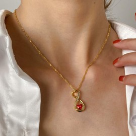 Inilbran Boho Crystal Heart Choker Necklace Vintage Number Eight Shape Pendant Necklace Red CZ Heart Chain Necklace Adjustable Ruby Heart Necklace Jewelry for Women and Girls