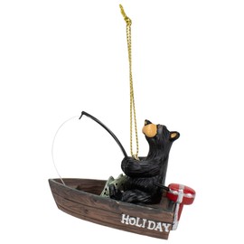 DEMDACO Jeff Fleming Bear Fishing Boat Midnight Black 2.5 x 2 Resin Stone Christmas Hanging Ornament
