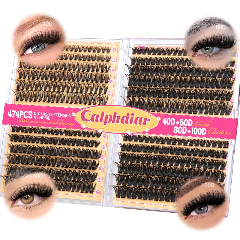 Calphdiar Lash Clusters 40D+60D+80D+100D Eyelash Clusters 474PCS Individual Lashes D-Curly