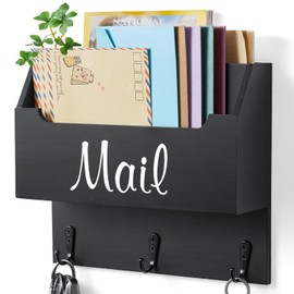 DRASTAR Mail Organizer Wall Mounted, Mail & Key Holder for Wall, Hanging Mail Organizer, Wooden Mail Sorter, Black Wall Mail Basket for Home Office
